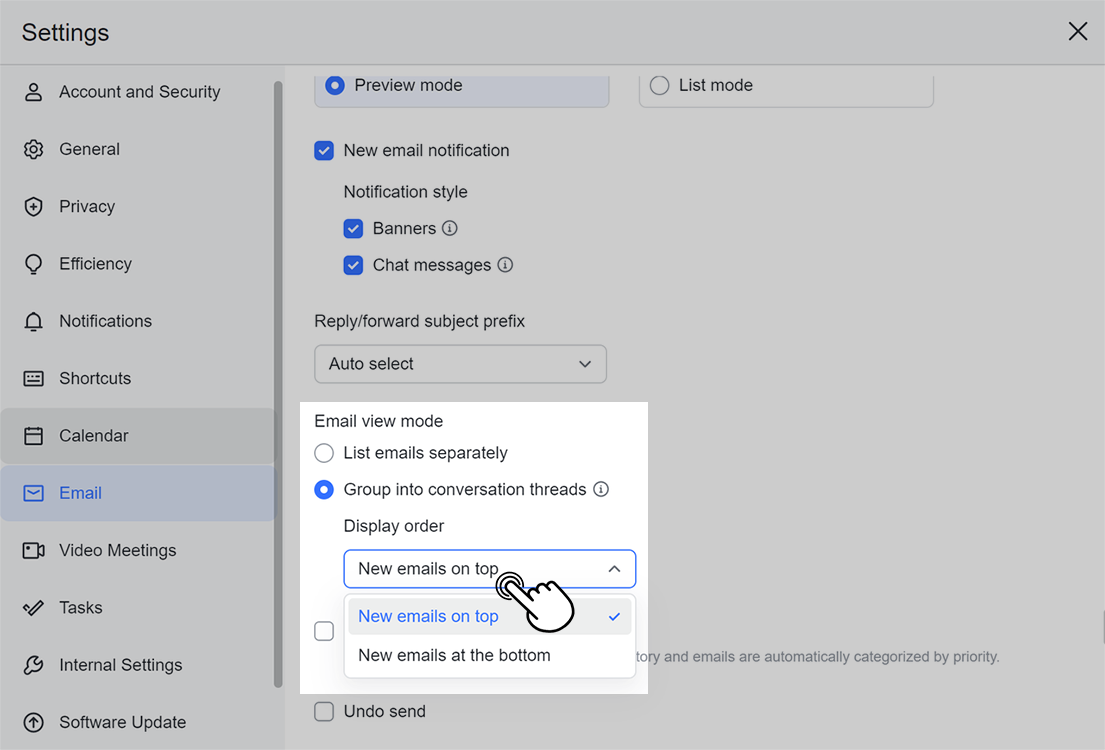 Set email view mode