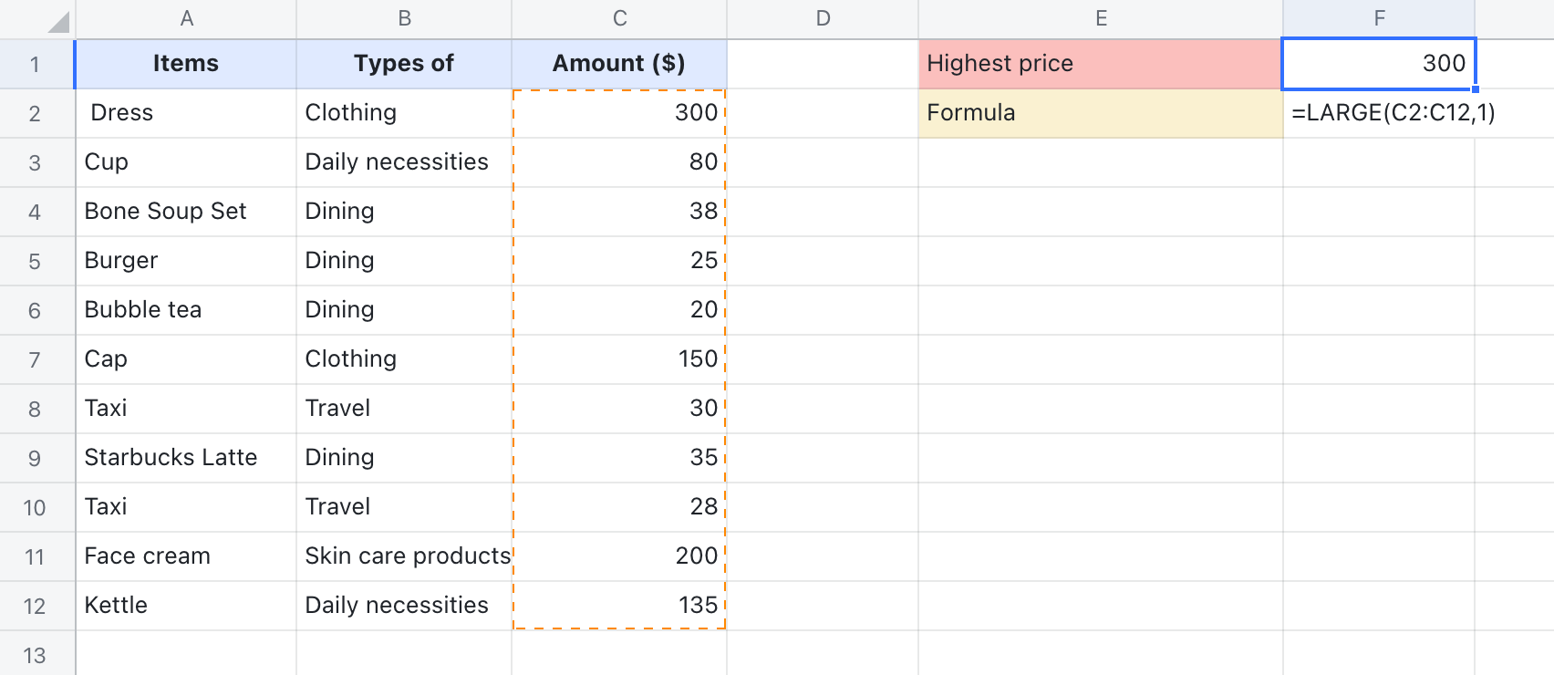 LARGE function for Sheets