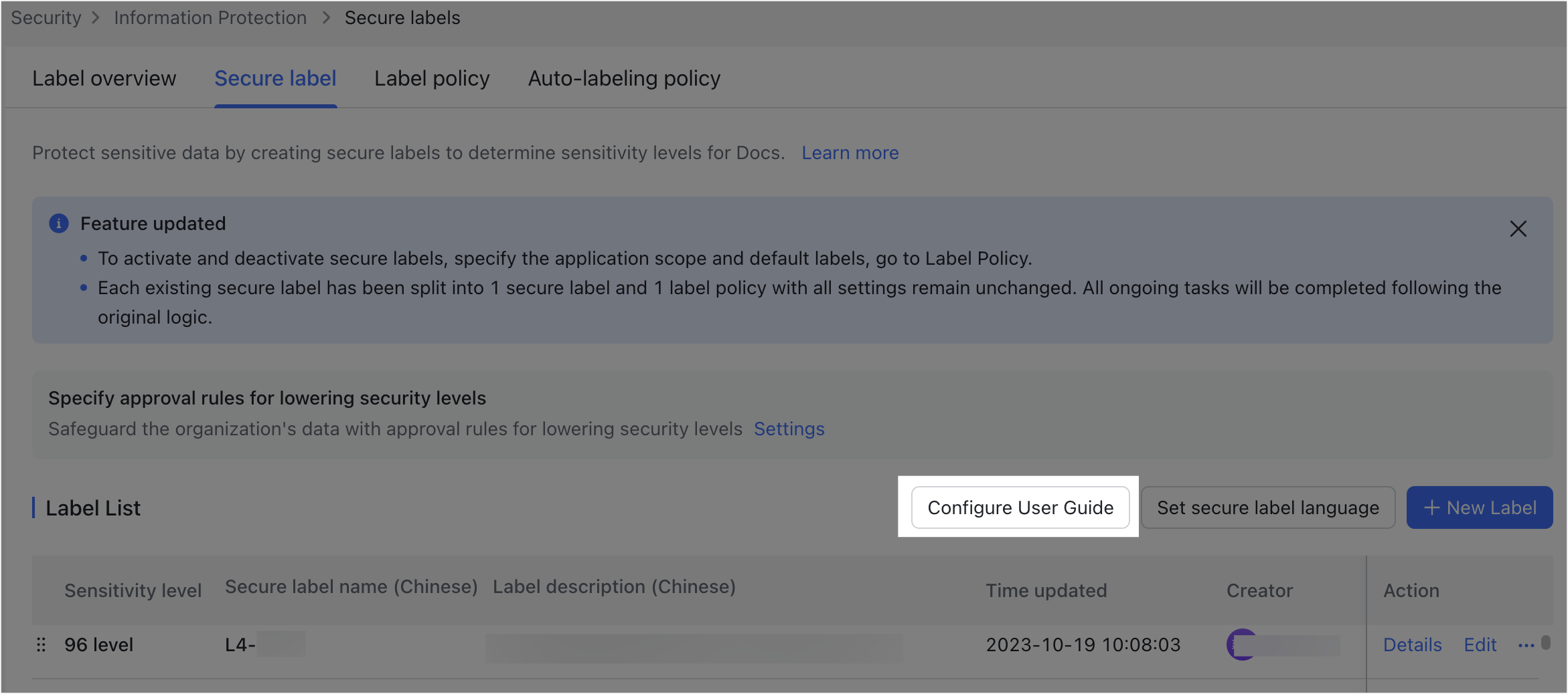 Admin | Create secure labels and label policies