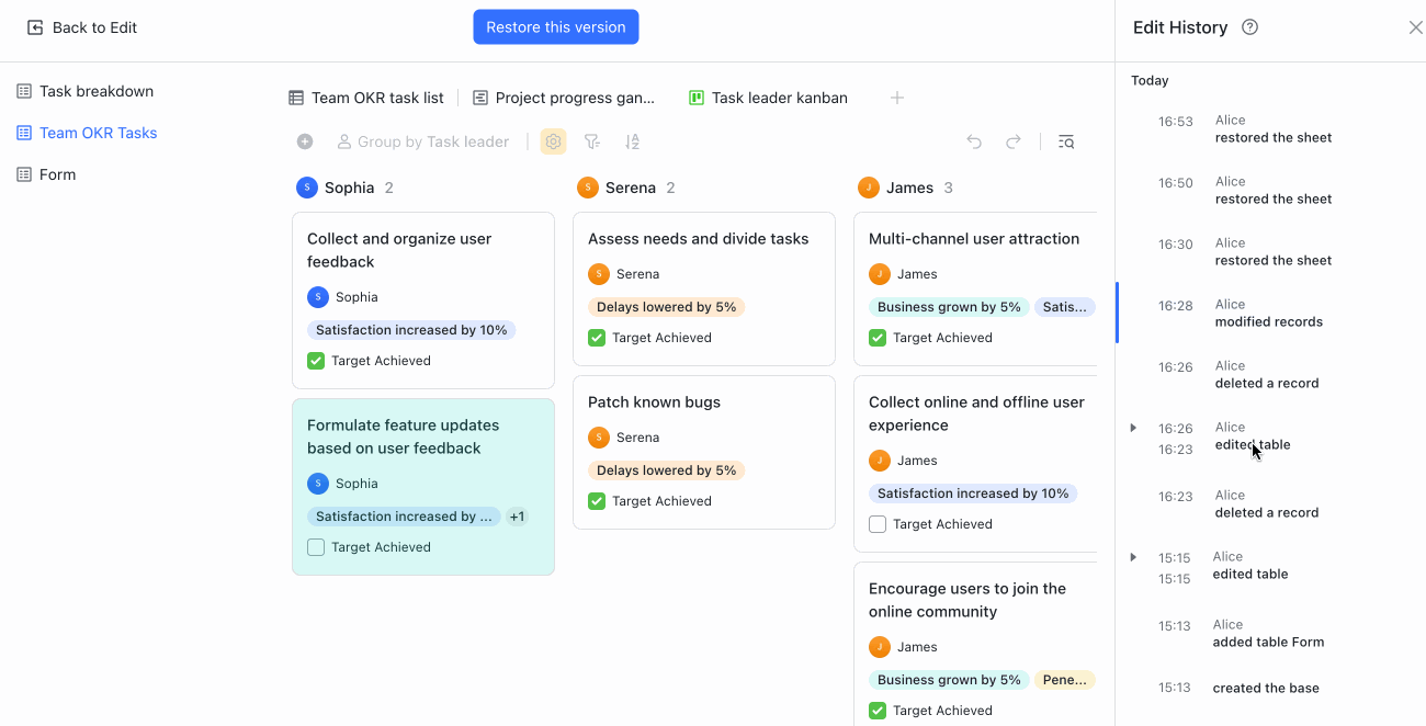 View and restore previous versions of bases