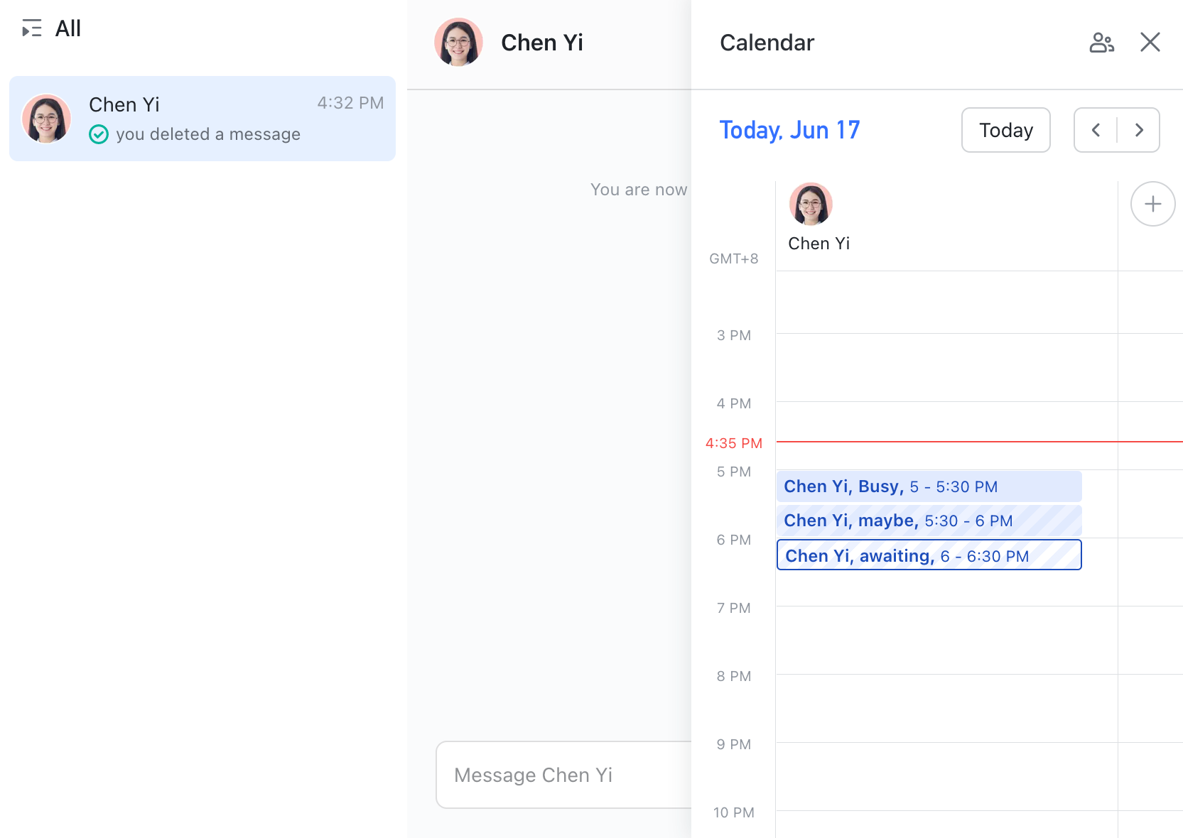 Check availability and share meeting invitations in chats