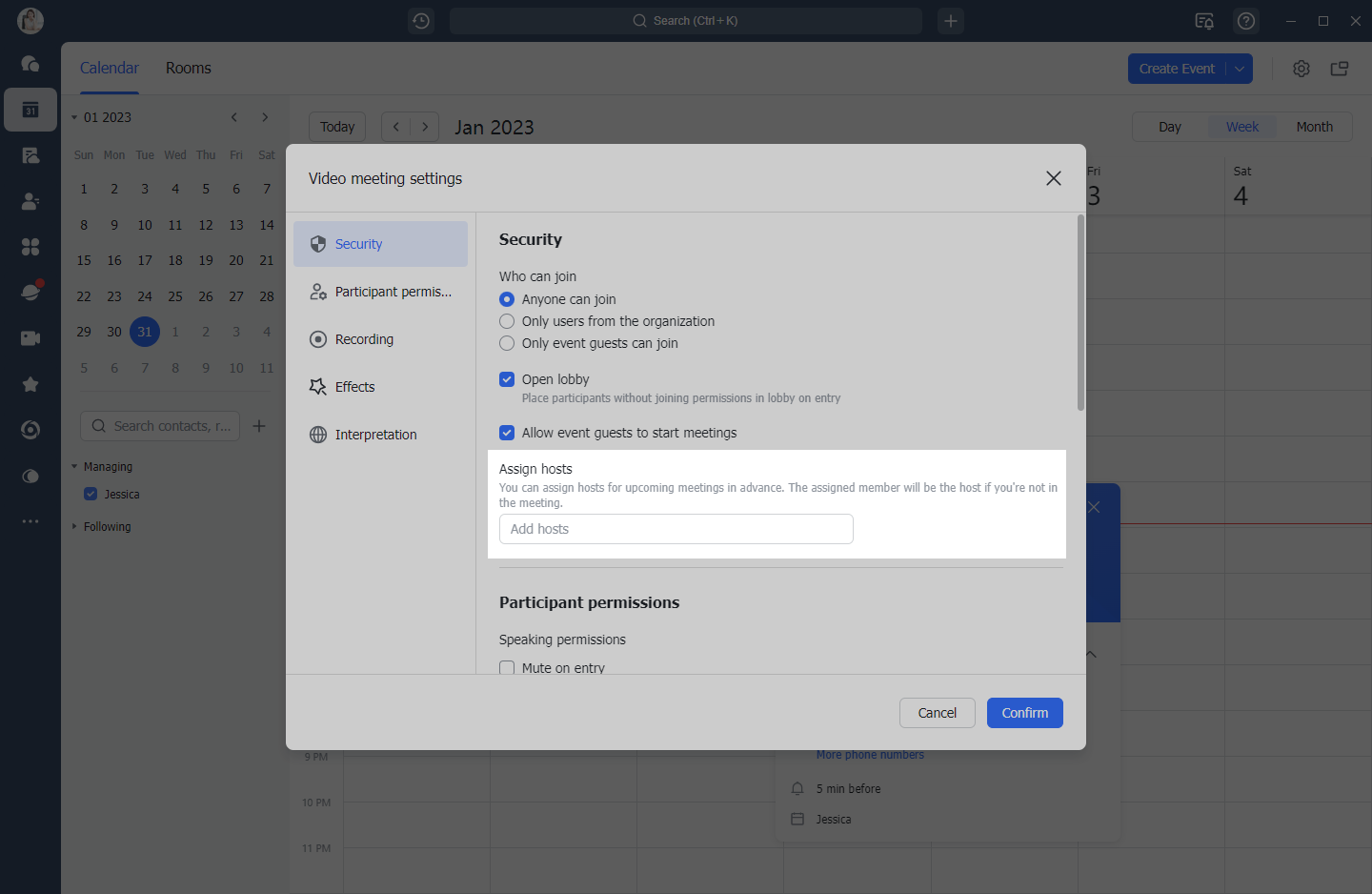 Manage meeting settings in a calendar event