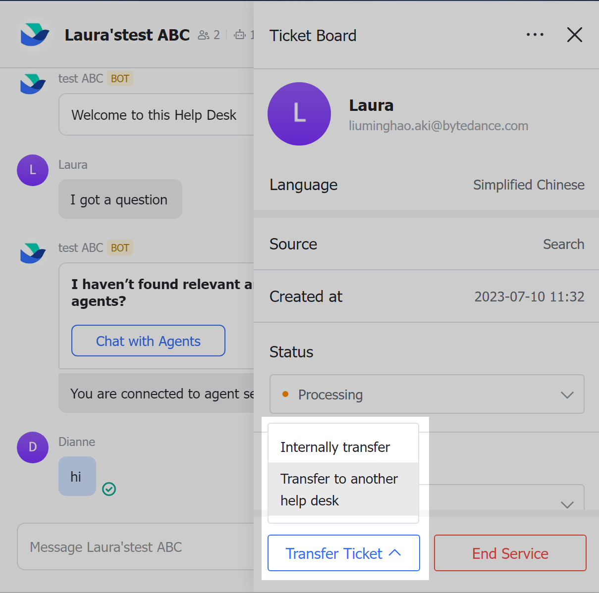 Transfer a ticket to another help desk