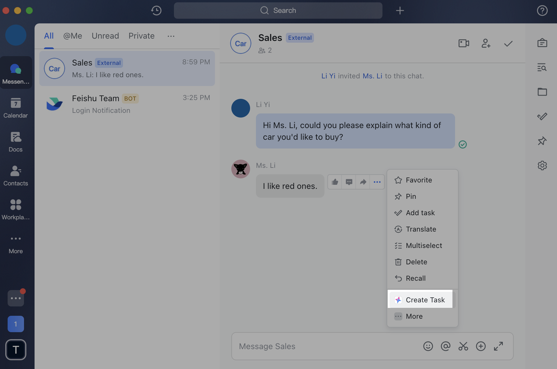 Integrate custom features to the message menu