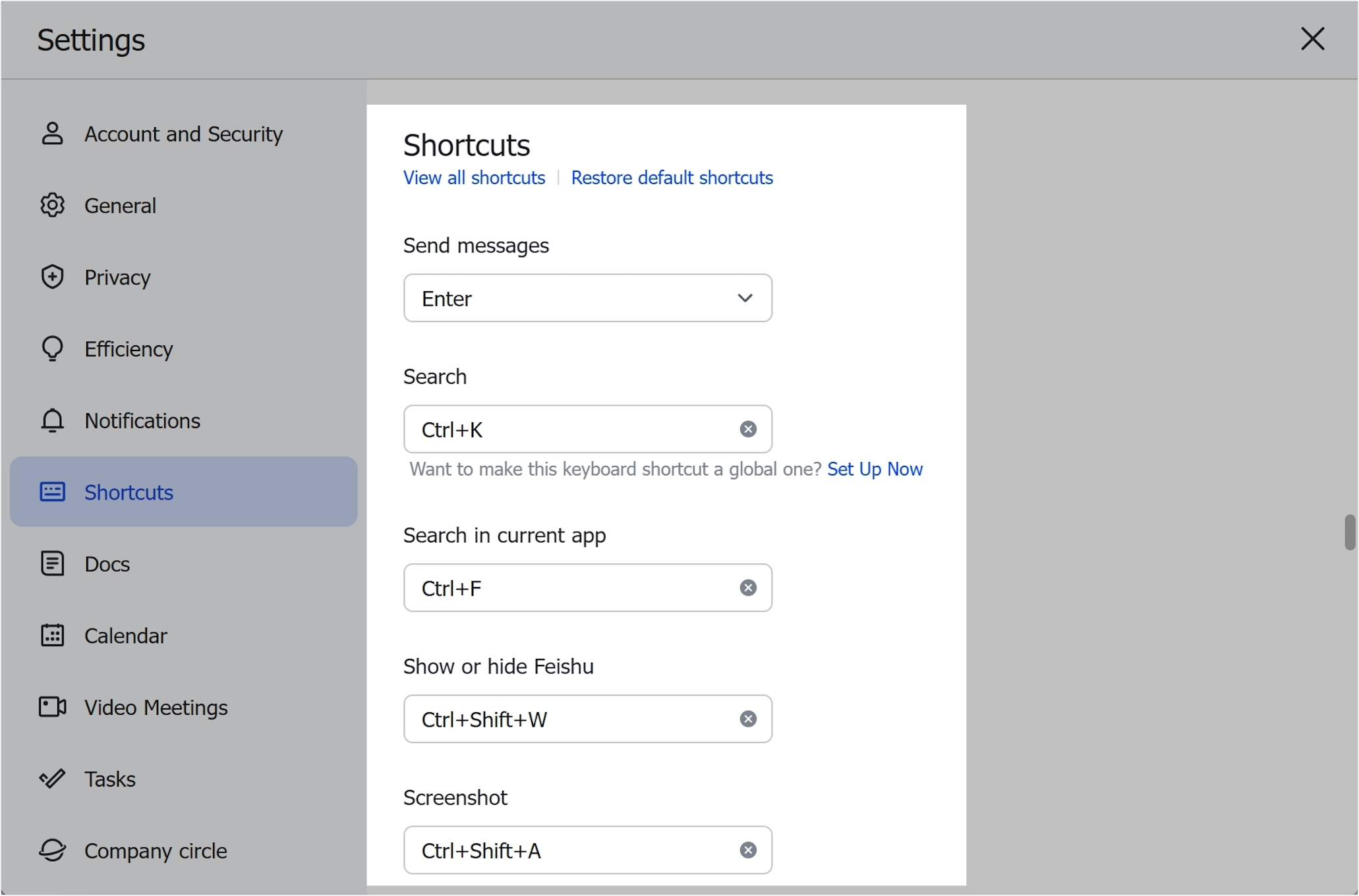 Modify shortcuts in Feishu