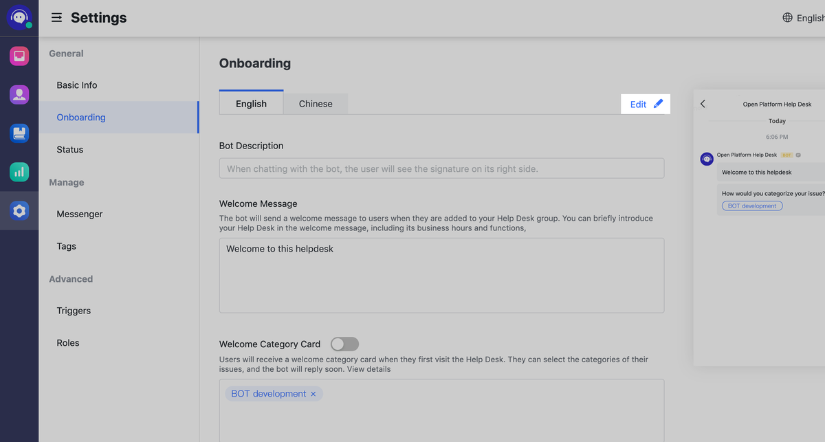 Adjust settings