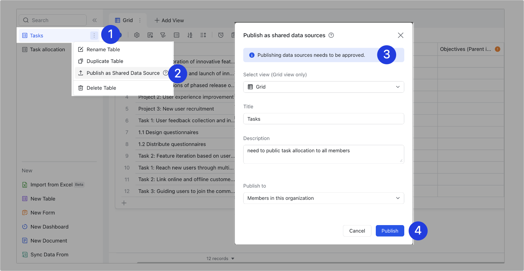 Share data sources with organization members in Base
