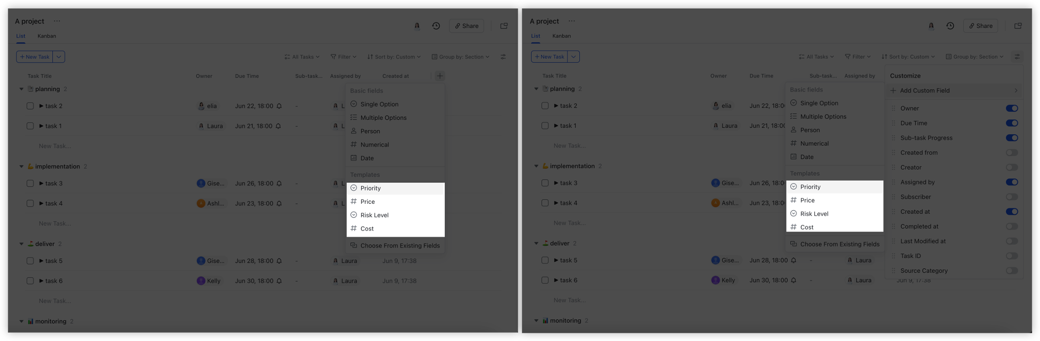 Add custom fields in Task List