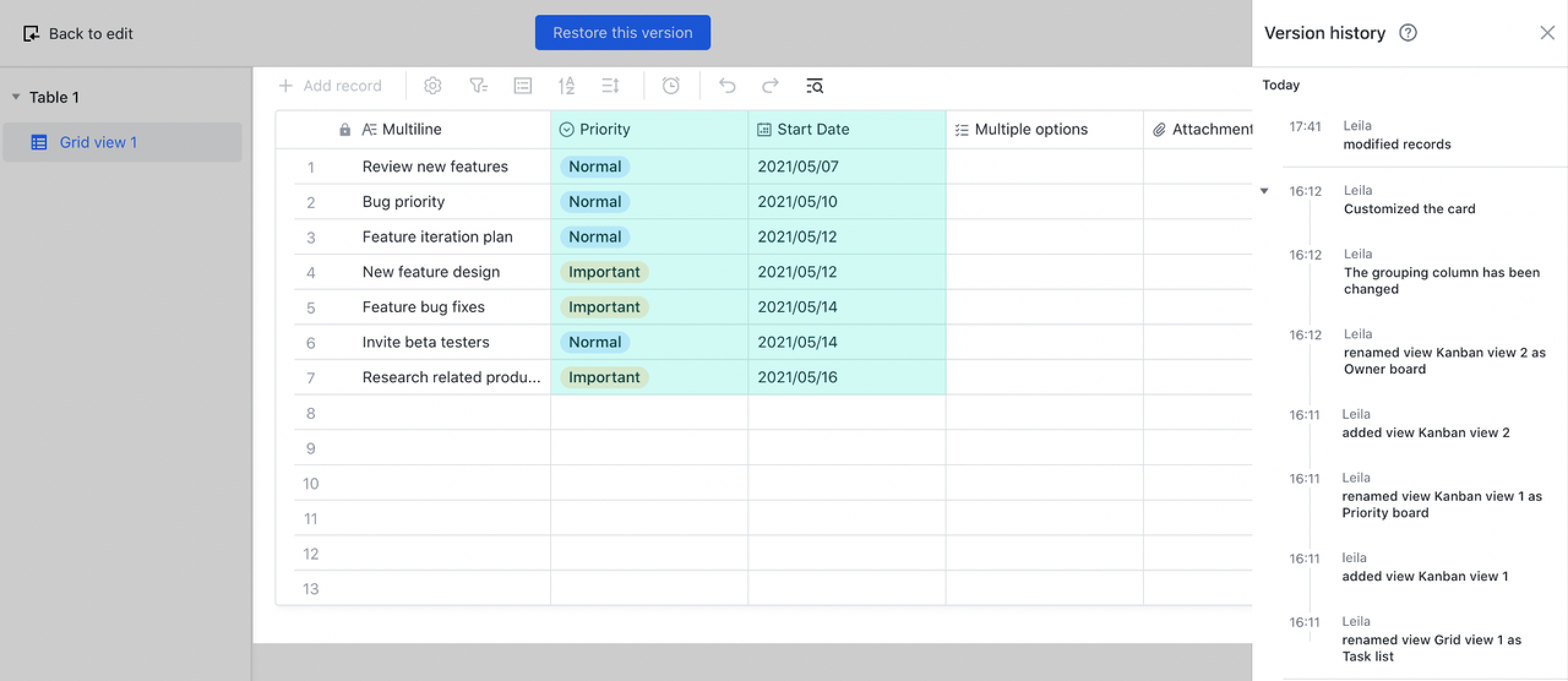 View and restore previous versions in Base