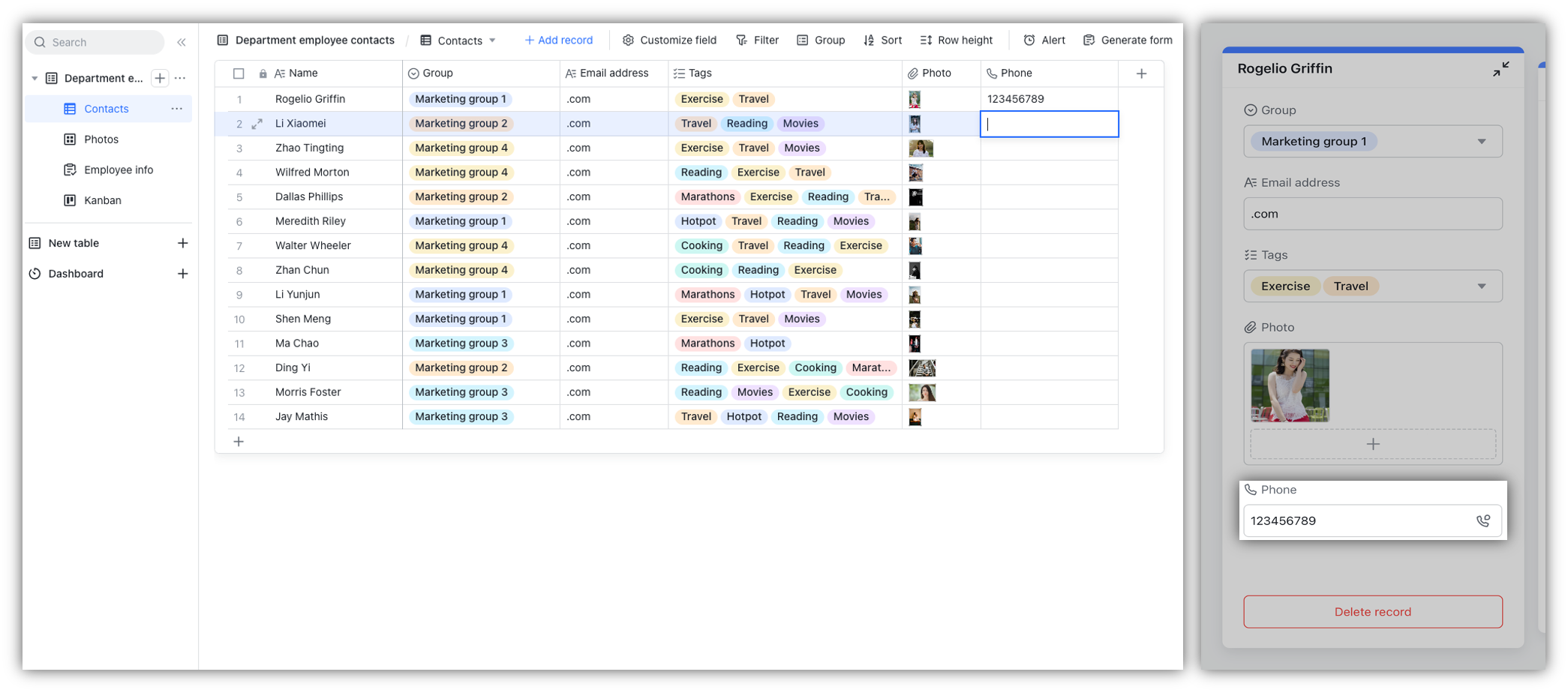 Use phone number fields in Base
