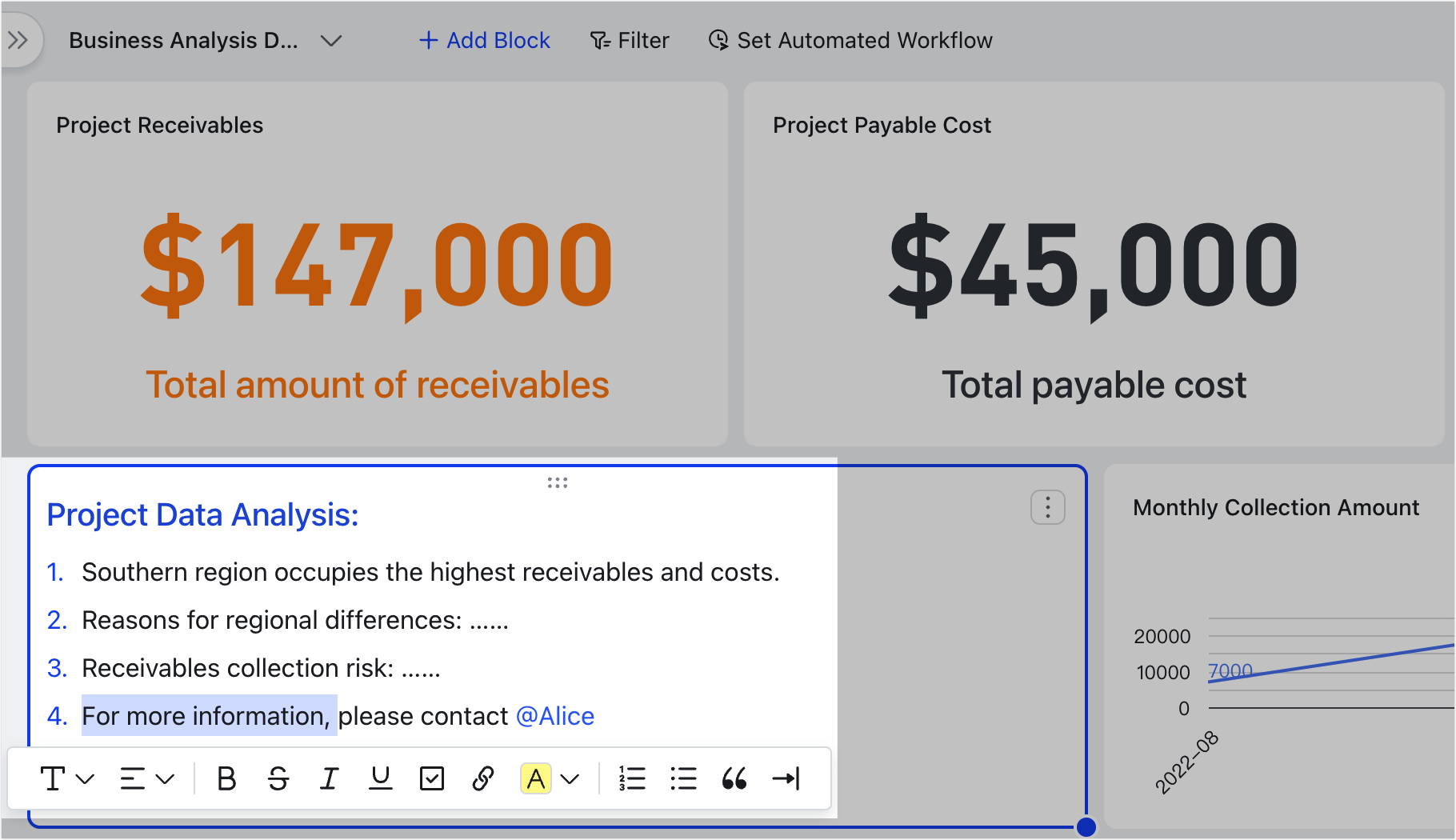 Use the text block in the Base dashboard