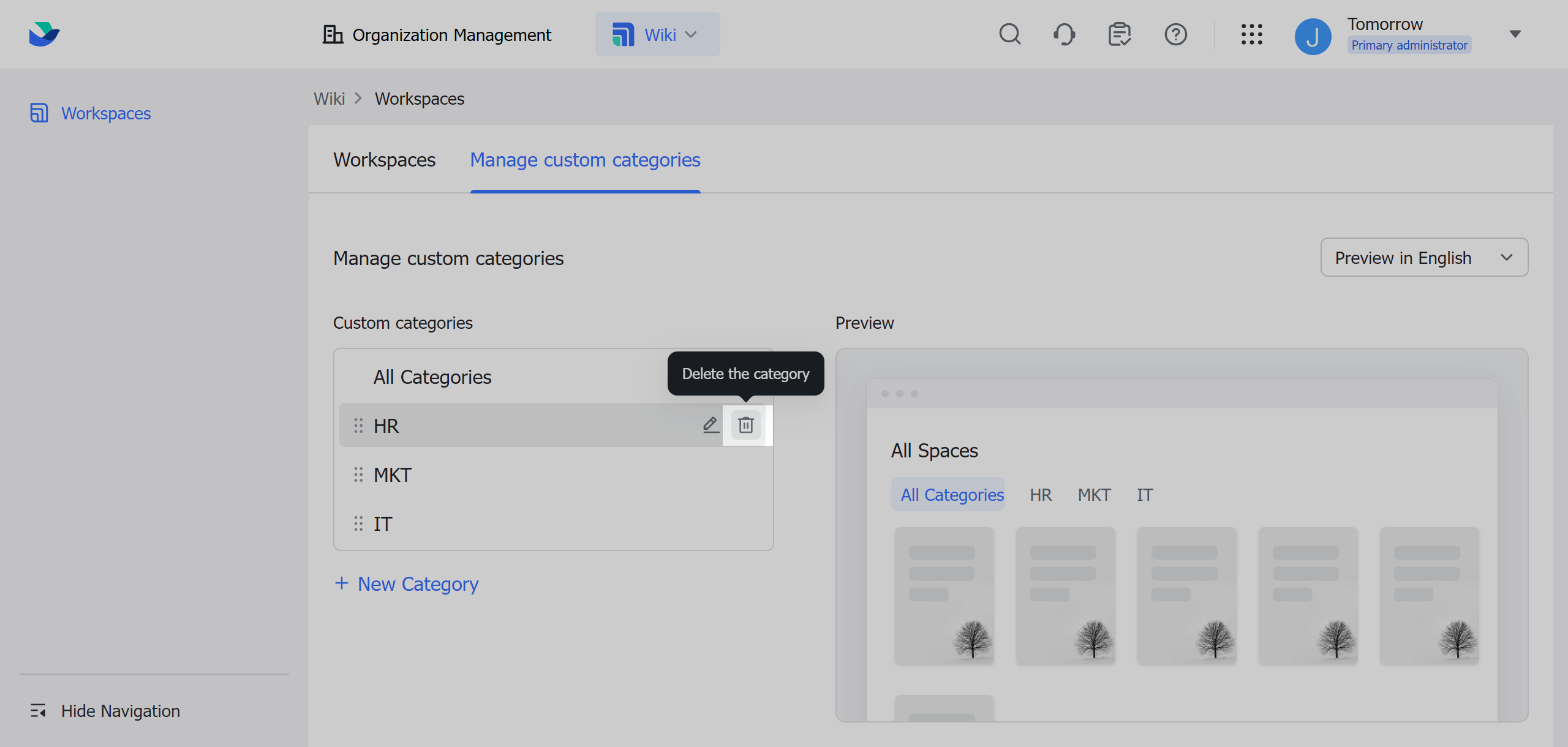 Admin | Set wiki space categories