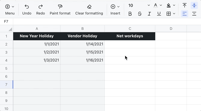 NETWORKDAYS.INTL function for Sheets